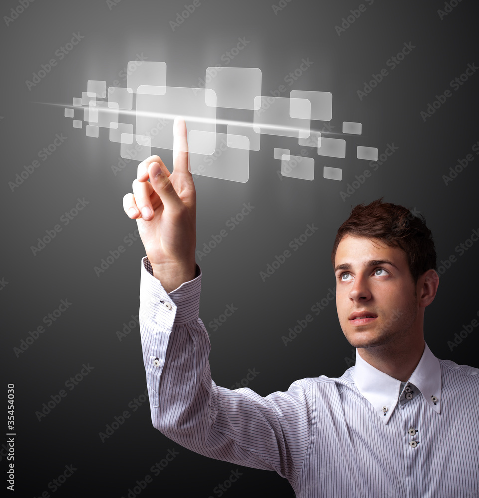 Poster businessman pressing high tech type of modern buttons