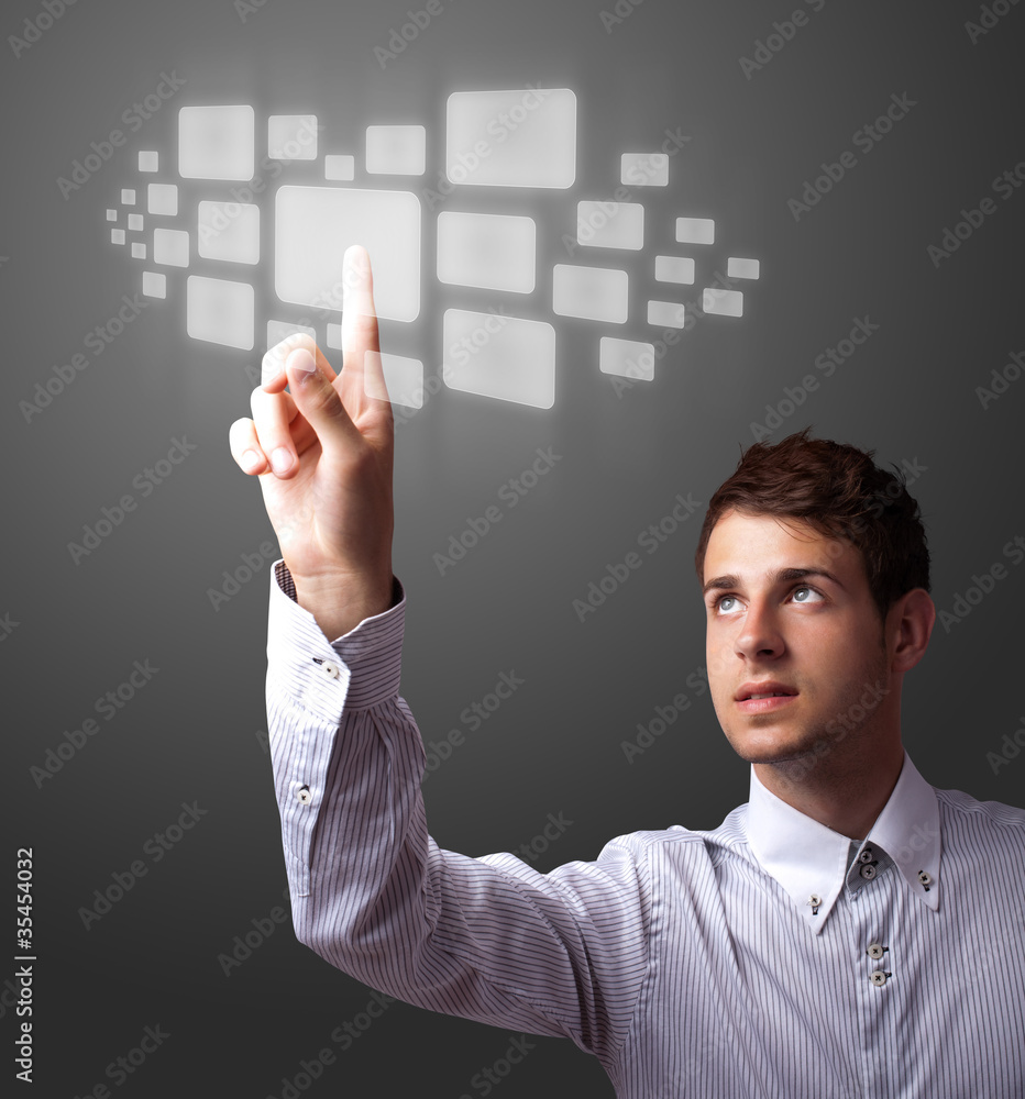 Poster businessman pressing high tech type of modern buttons