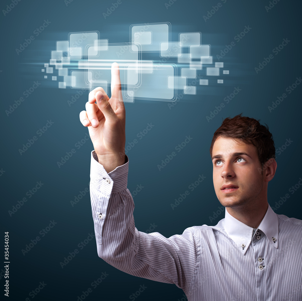 Poster businessman pressing high tech type of modern buttons