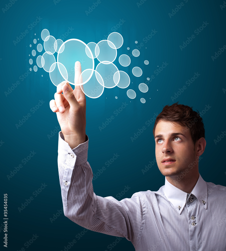 Poster businessman pressing high tech type of modern buttons