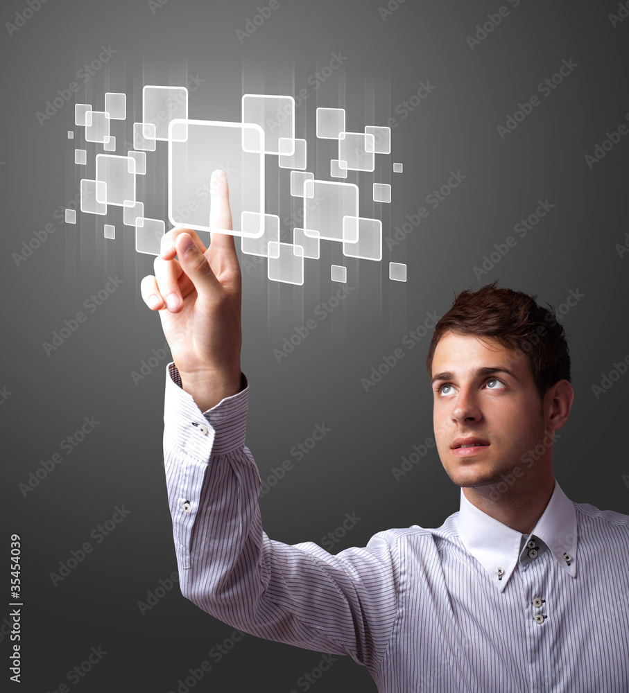 Poster businessman pressing high tech type of modern buttons