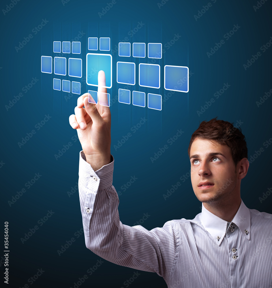 Poster businessman pressing high tech type of modern buttons