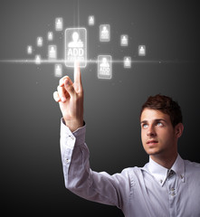 Businessman pressing modern social type of icons