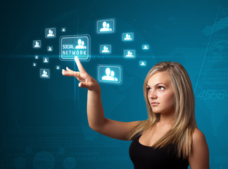 Businesswoman pressing modern social type of icons