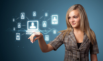 Businesswoman pressing modern social type of icons
