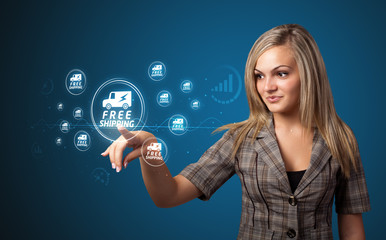 Businesswoman pressing virtual promotion and shipping type of ic