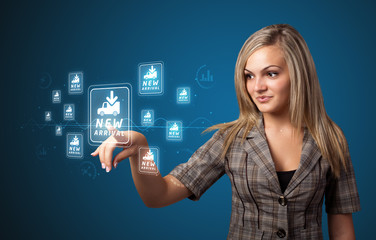 Businesswoman pressing virtual promotion and shipping type of ic