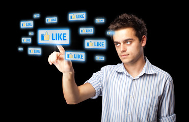 Businessman pressing modern social type of icons