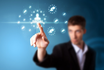 Businessman pressing modern social type of icons