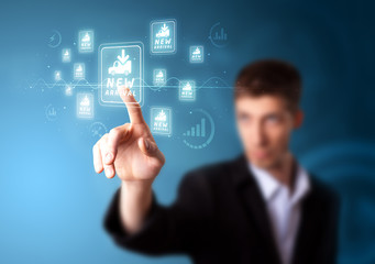 Businessman pressing virtual promotion and shipping type of icon