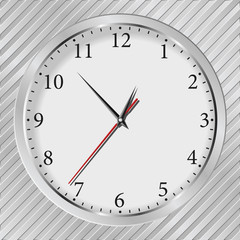 Vector gray wall clock on a metal silver striped background