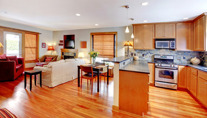 Kitchen, dining and living room of the city home