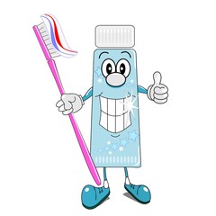 A cartoon illustration of toothpaste & toothbrush with thumbs up
