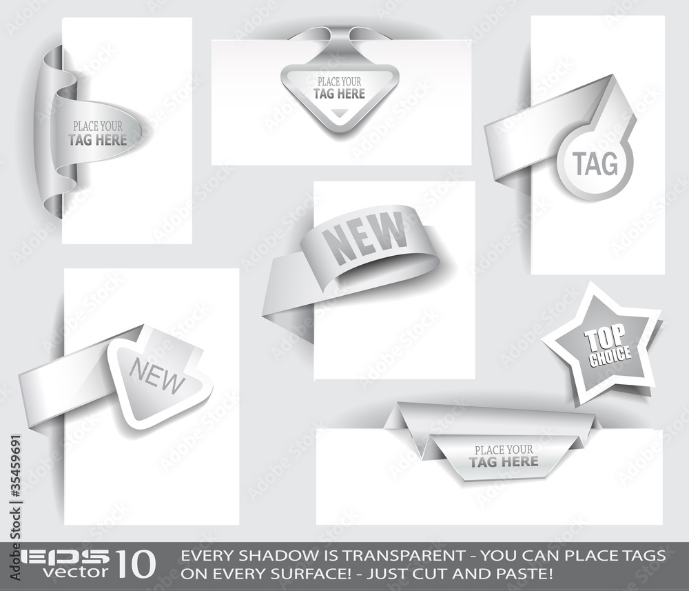 Poster paper tag collection with delicate transparent shadows.