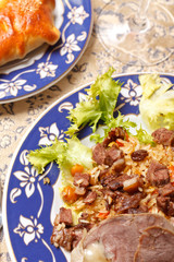 Uzbek national dish - plov with horse meat