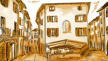 Abwaschbare Fototapete Gezeichnetes Straßencafé Altstadt - Illustrationsskizze