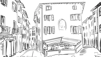 Fotobehang Tekening straatcafé oude stad - illustratie schets