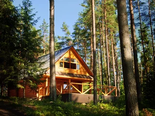 Foto op Aluminium log House in the forest © Sergej Razvodovskij