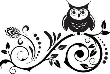 cute own on a branch. decorative leaves