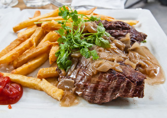 juicy steak veal - beef meat with potatoes