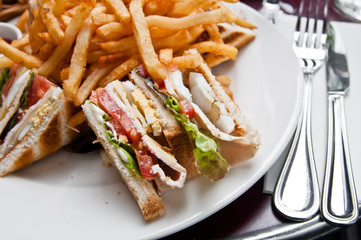 Sandwich with chicken, cheese and golden French fries potatoes