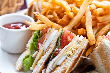 Sandwich with chicken, cheese and golden French fries potatoes
