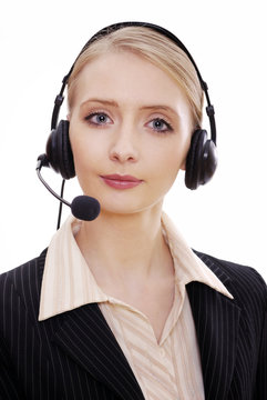 Successful female call center employee with  headset