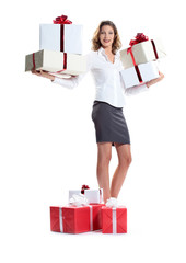 attractive young woman with gift pack, white background