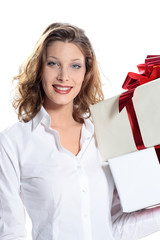 attractive young woman with gift pack, white background