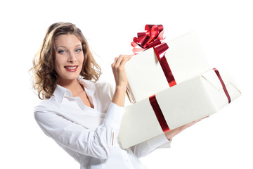 attractive young woman with gift pack, white background