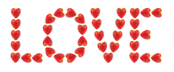 Word love made of strawberries
