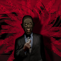 Zombie businessman with attitude on red action background