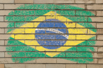 flag of Brazil on grunge brick wall painted with chalk