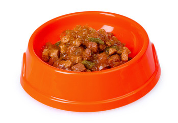 Cat food in bowl isolated on white