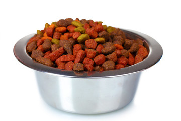 Dry cat food in bowl isolated on white