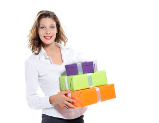 portrait of happy young woman with gift pack, white background