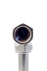 Front view of threaded water pipe union isolated on white