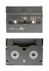 The two sides of mini DV cassette closeup