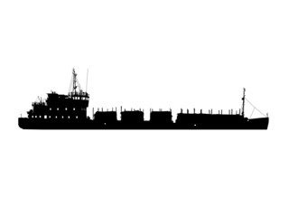 Silhouette of the ship of the barge with fire wood