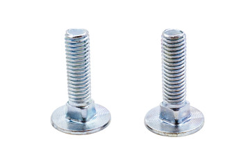 Two metal screws macro isolated on white background