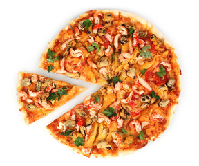 Delicious pizza with seafood isolated on white