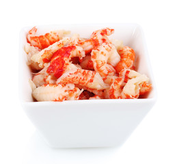 Delicious marinated shrimp in bowl isolated on white