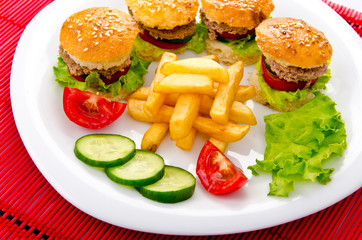 Burgers with french fries in plate