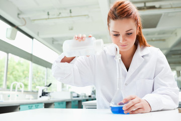 Fototapeta premium Red-haired focused scientist pouring liquid in a flask