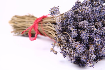 Bunch of dried lavender tied with a red string on white
