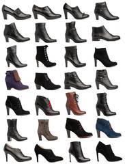 Collection of various types of female shoes over white