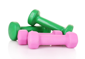 Pink and Green Dumbbells on the white background