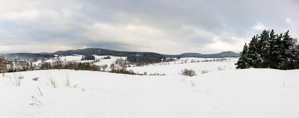 Panoramic winter landscape in the hills