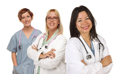 Fototapeta premium Three Female Doctors or Nurses on White
