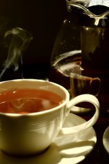 Hot tea in dramatic morning light